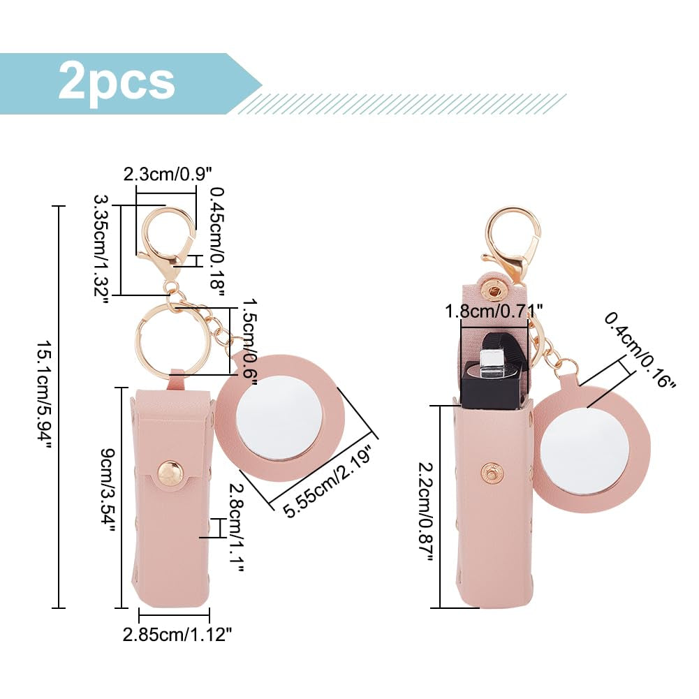 2Pcs PU Leather Lipstick Sleeves with round Mirror, Portable Lipstick Keychain Holder Snap-On Lip Balm Organizer Case Mini Travel Lipstick Cosmetics Holder for Women Ladies, Pink
