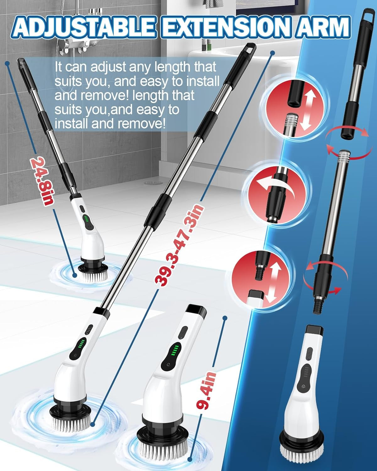 Electric Spin Scrubber, IPX7 Cordless Cleaning Brush with 8 Replaceable Brush Heads, Dual Speed, USB-C Charging, Power Shower Scrubber with Retractable Handle for Bathtub Tile