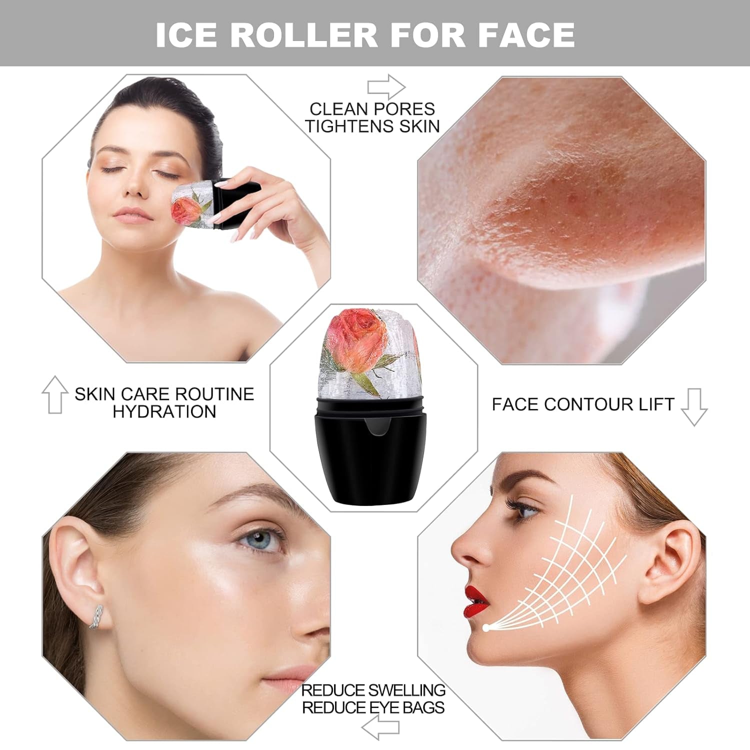 Ice Face Roller - Brighten & Tighten Skin with Reusable Ice Mold - Gift for Women (Black)
