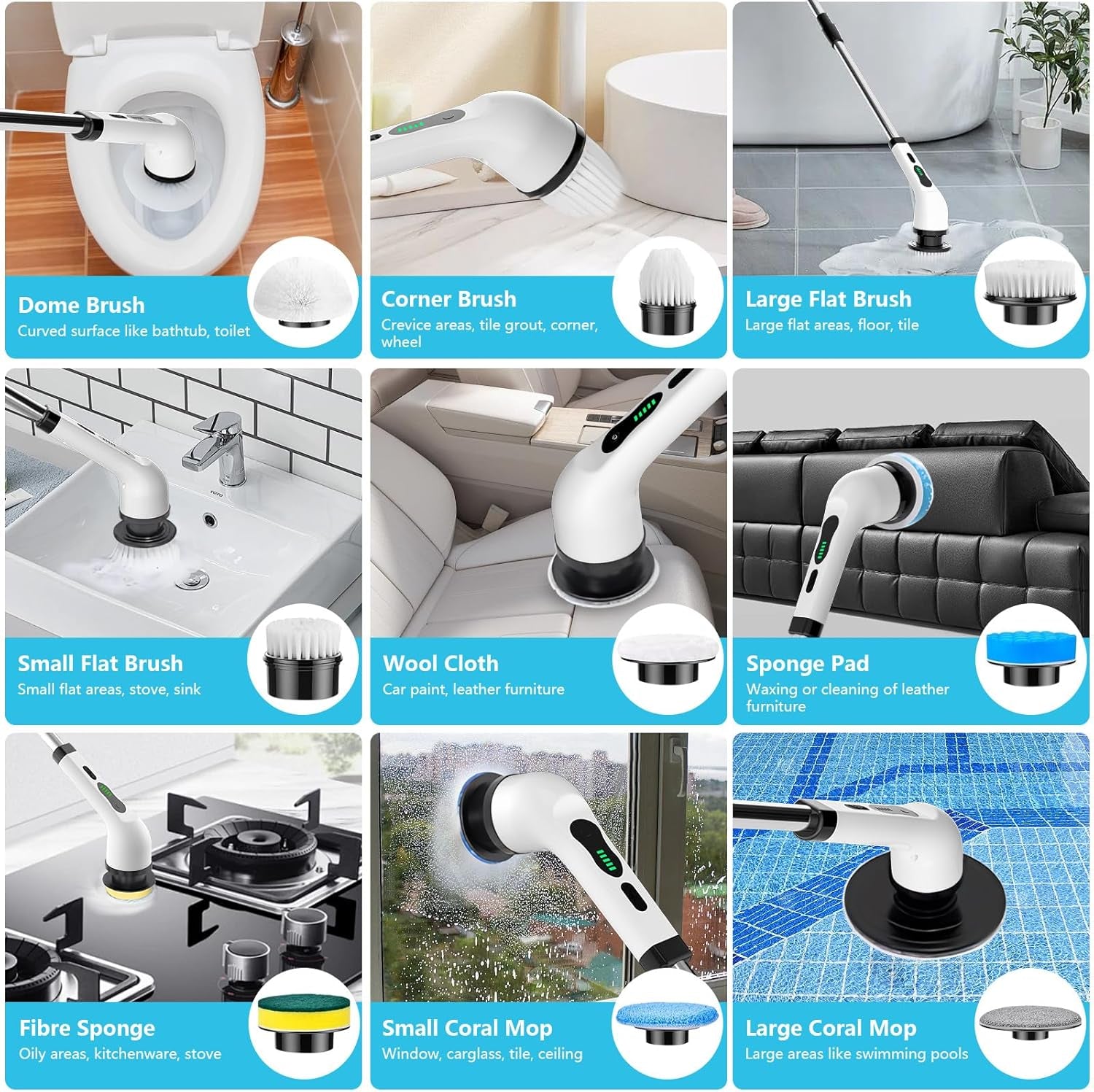 Electric Spin Scrubber, Cordless Cleaning Supplies Full-Body IPX7 Waterproof Power Shower Cleaner Brush with 9 Replaceable Brush Heads, Adjustable Extension Handle for Bathroom Accessories
