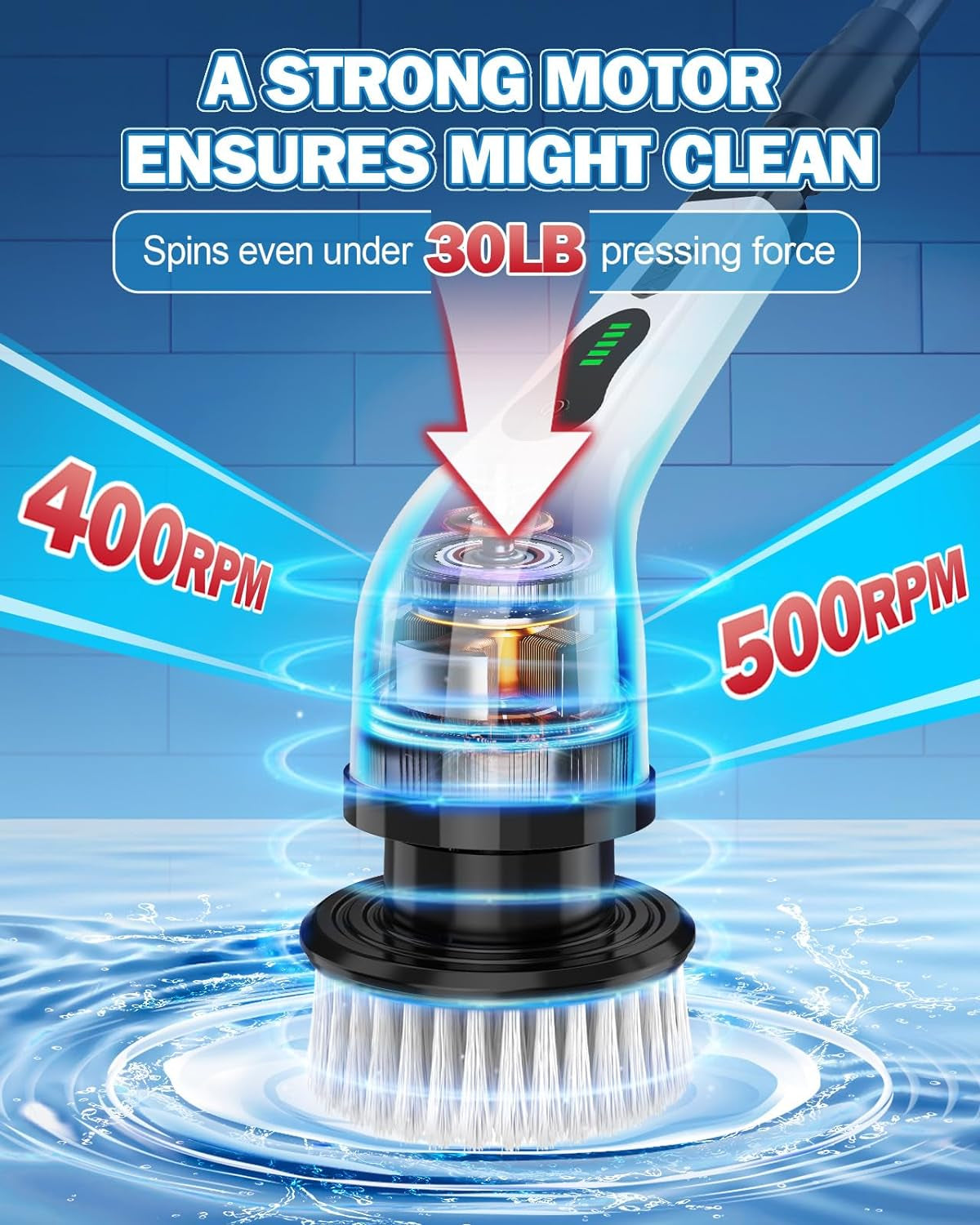 Electric Spin Scrubber, IPX7 Cordless Cleaning Brush with 8 Replaceable Brush Heads, Dual Speed, USB-C Charging, Power Shower Scrubber with Retractable Handle for Bathtub Tile
