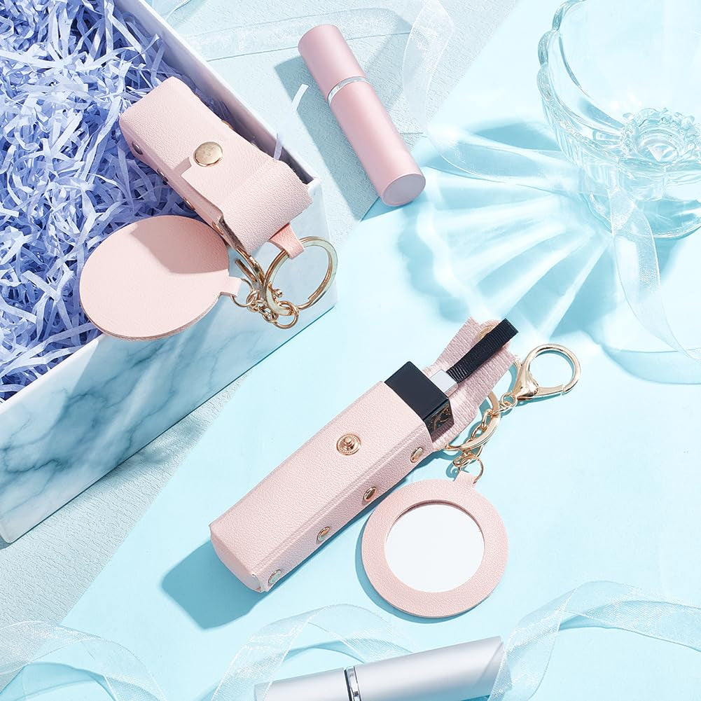 2Pcs PU Leather Lipstick Sleeves with round Mirror, Portable Lipstick Keychain Holder Snap-On Lip Balm Organizer Case Mini Travel Lipstick Cosmetics Holder for Women Ladies, Pink