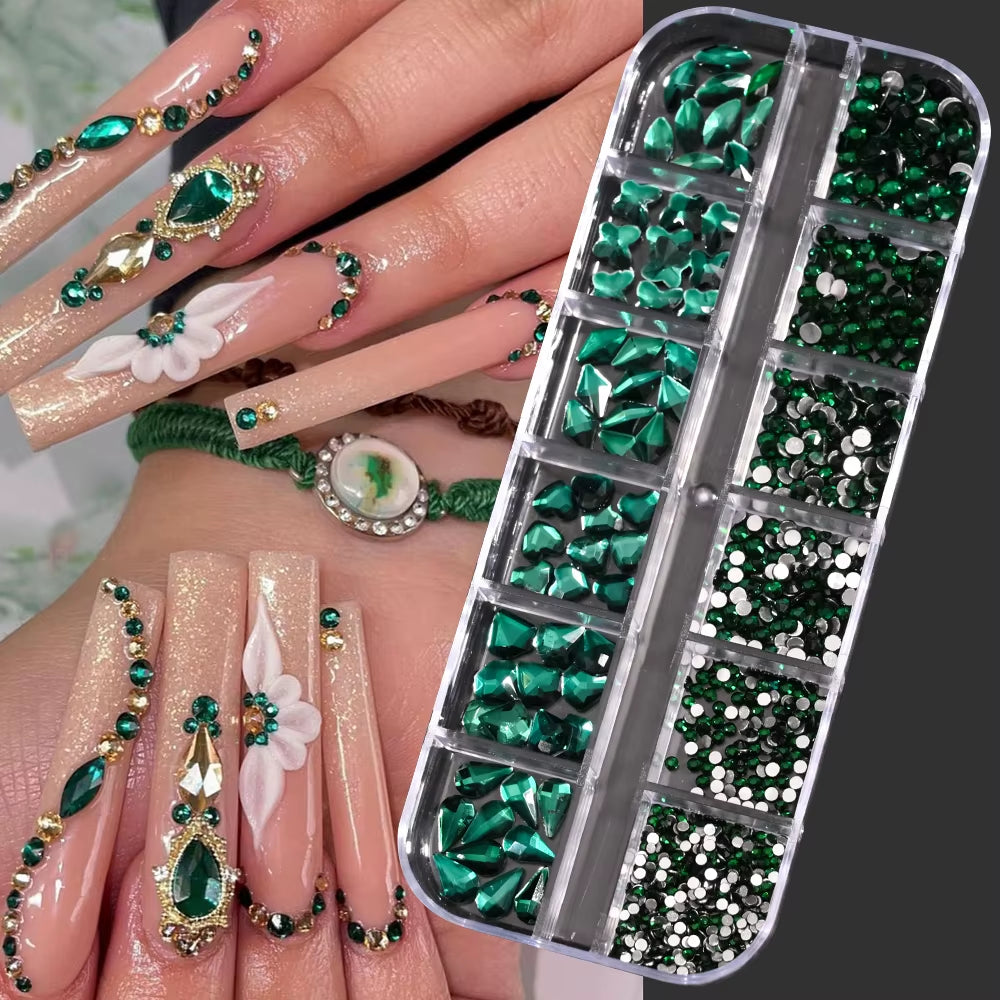 12Gird Mix Size Pink Red Green Crystal Nail Art Rhinestones Luxury Nail Diamond Gem Flatback Glass Stone Strass Nail Supplies
