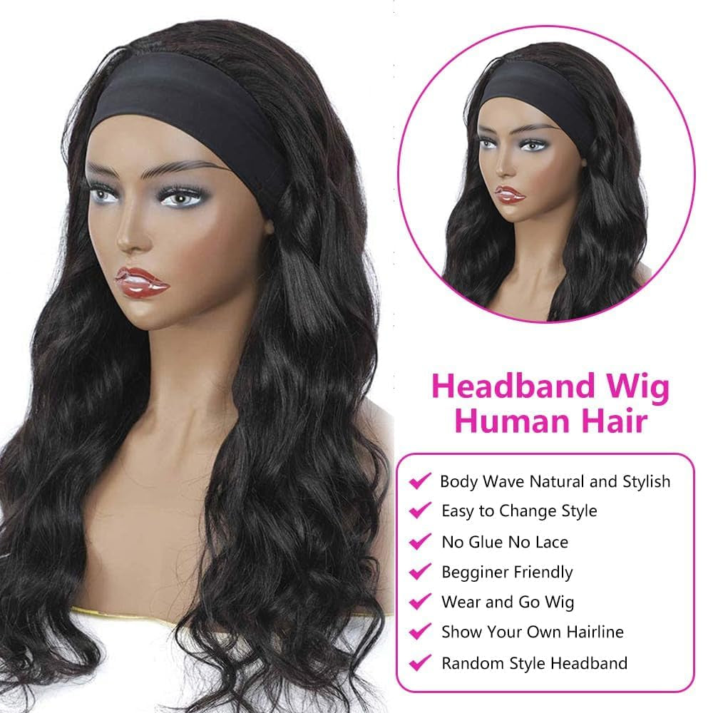 Headband Wig Human Hair Body Wave Headband Wigs for Black Women 20 Inch None Lace Front Wig Wear and Go Glueless Wigs Machine Made Brazilian Virgin Natural Color