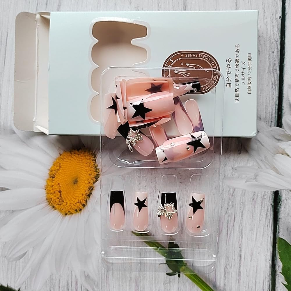 24 Pcs Pink Press on Nails Medium Square -  Winter Fake Nails Press Ons White French Nail Art Tips Glue on Nails Full Cover False Nails with Charms Pentagram Design Stick on Nails Acrylic Nail