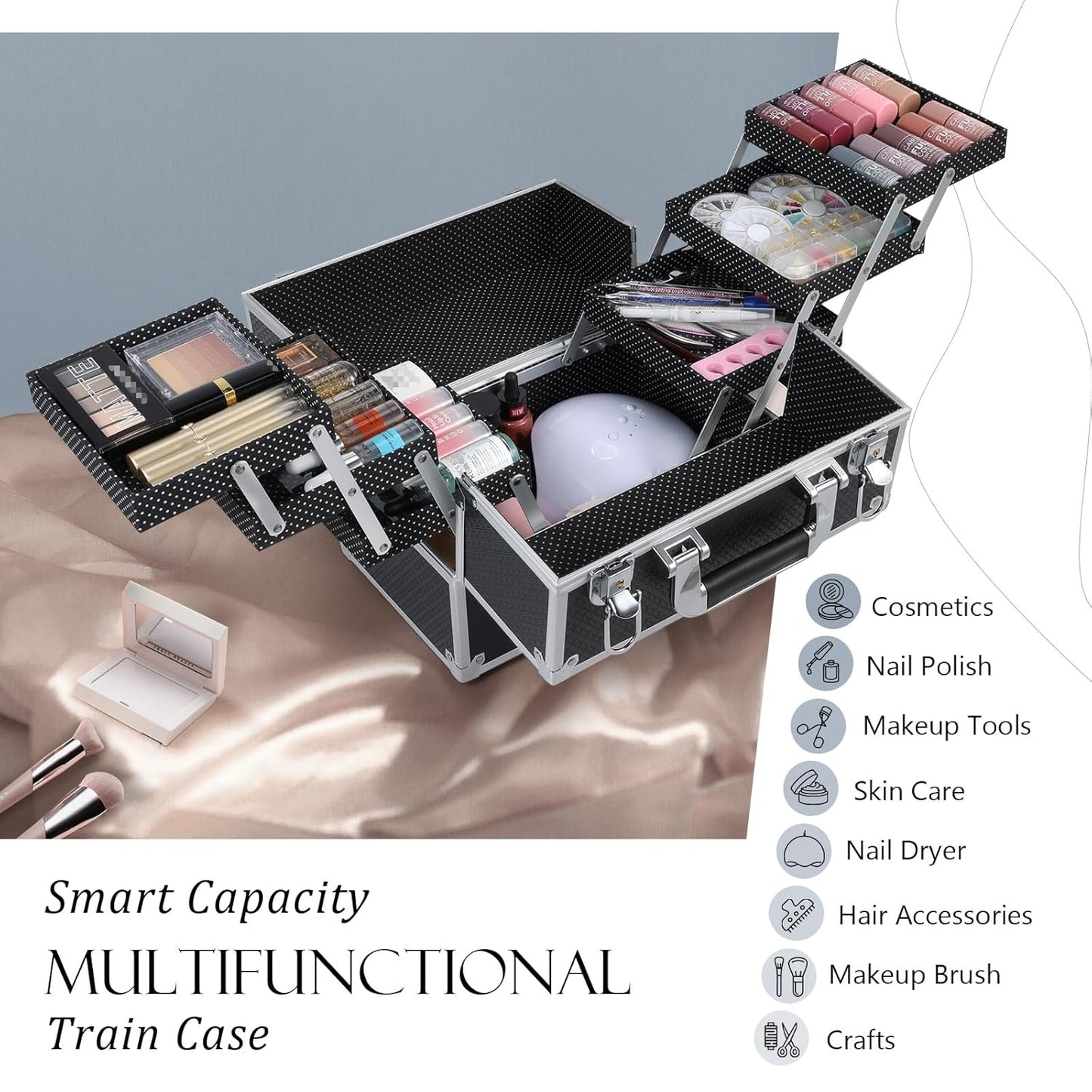 Makeup Train Case Makeup Case 11.8 Inch Large Cosmetic Box Organizer Travel Storage Professional Make up Train Carrying Case with 6 Trays Locking Hard Vanity Storage Black