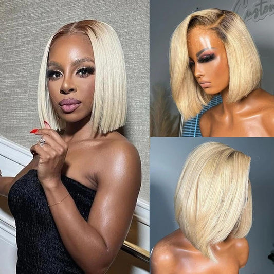 200% Density Wear and Go Blonde Wig Human Hair 2.0-613 Upgraded Roots Color Natural Blonde Bob Wig for Women 5X5 UHD Pre-Cut Lace Wigs No Mix Fiber Brazilian Virgin Hair 10 Inch