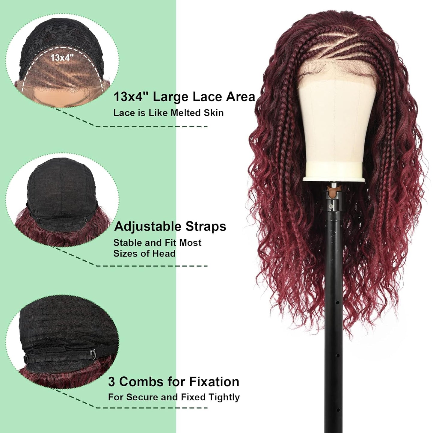 26" HD Lace Front Half Braided Wigs for Women, Burgundy, Synthetic