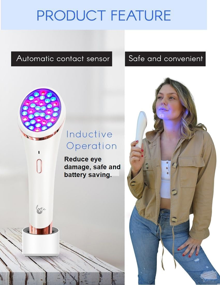Lyte Wireless Dual Red & Blue LED Light Therapy for Face Includes Hyaluronic Serum Automatic Contact Sensor 2-In-1 Blue and Red LED Light Therapy for Face Wrinkle Reduction Device