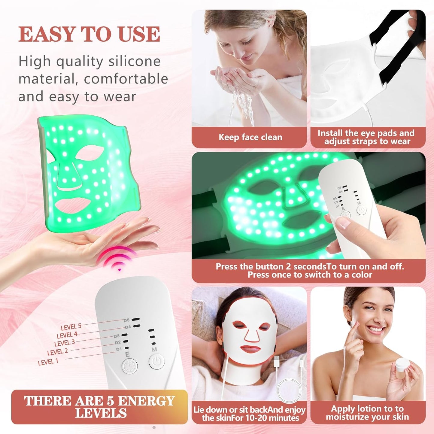 Led Face Mask Light Therapy,Red Light Therapy for Face and Neck,7 Colors LED Facial Skin Care Mask,5 Level Brightness Adjustment,309 LED Beads Can Be Used at Home,White