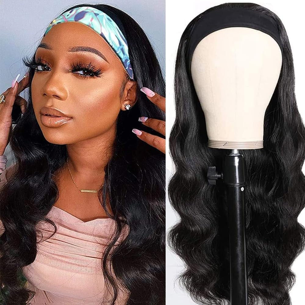 Headband Wig Human Hair Body Wave Headband Wigs for Black Women 20 Inch None Lace Front Wig Wear and Go Glueless Wigs Machine Made Brazilian Virgin Natural Color
