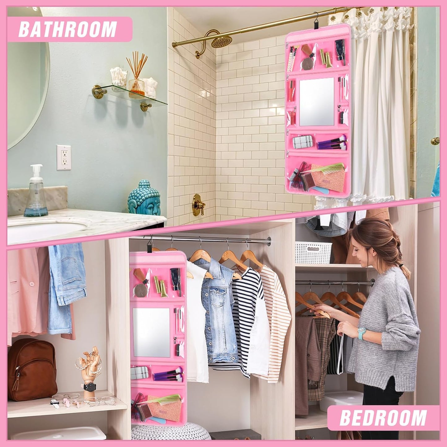 Hanging Toiletry Bag with Mirror for Men Women Travel Kit Large Foldable Beauty Dance Makeup Bag Organizer Storage Waterproof Roll up Cosmetic Case Accessories for Bathroom Shower(Pink)