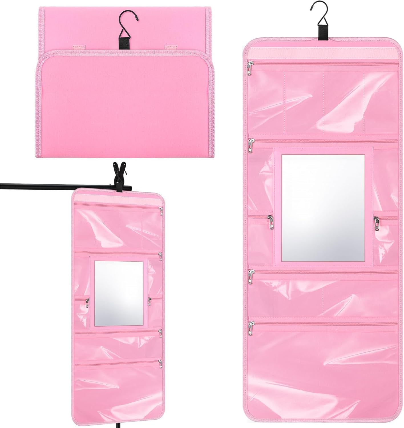 Hanging Toiletry Bag with Mirror for Men Women Travel Kit Large Foldable Beauty Dance Makeup Bag Organizer Storage Waterproof Roll up Cosmetic Case Accessories for Bathroom Shower(Pink)