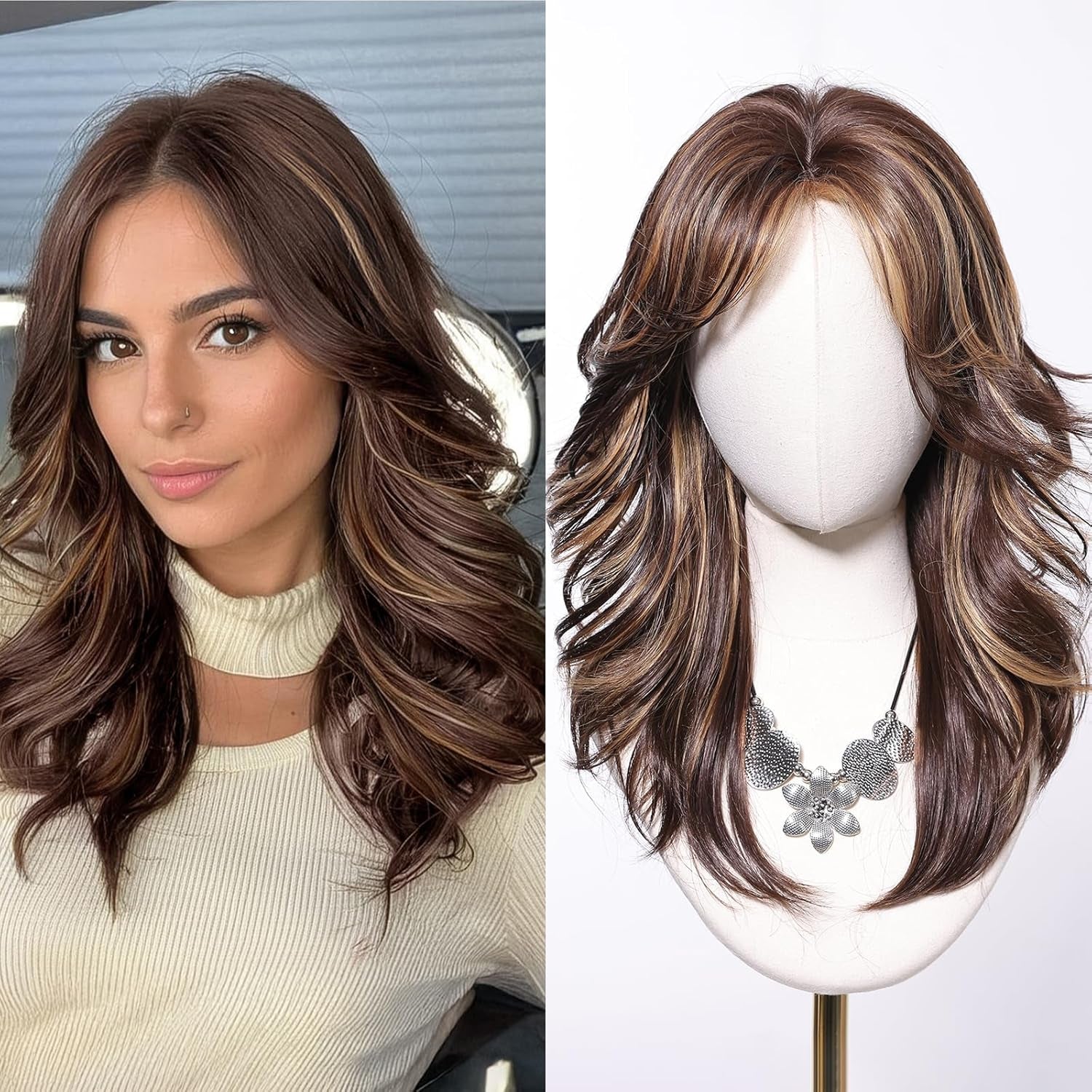 Short Brown Bob Wigs for Women Shoulder Length Brown Mixed Blonde Curly Wigs with Curtain Bangs Synthetic Heat Resistant Wigs for Daily Party Use 18IN