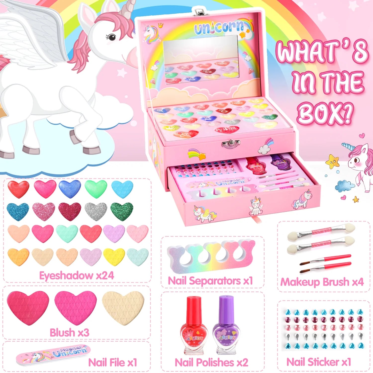 Kids Makeup Kit for Girls,36Pcs Girls Unicorn Makeup Kit,Real Washable Pretend Play Cosmetic Set with Mirror,Little Girls Princess Make up Toys for 4 5 6 7 8 9 Year Old Girl Birthday Gift,Pink