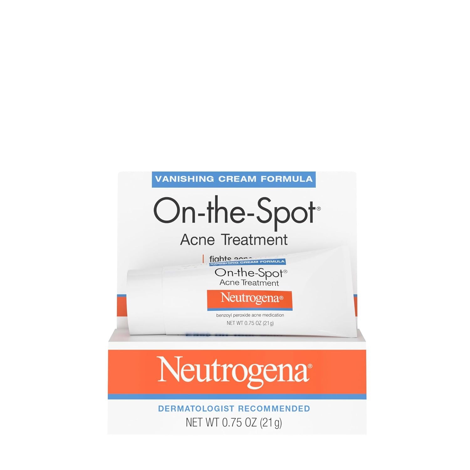 On-The-Spot Acne Spot Treatment Cream with 2.5% Benzoyl Peroxide, Gentle Face Blemish Medicine for Acne-Prone Skin, Vanishing Formula, Clinically Proven Day-1 Results, 0.75-Ounce Tube