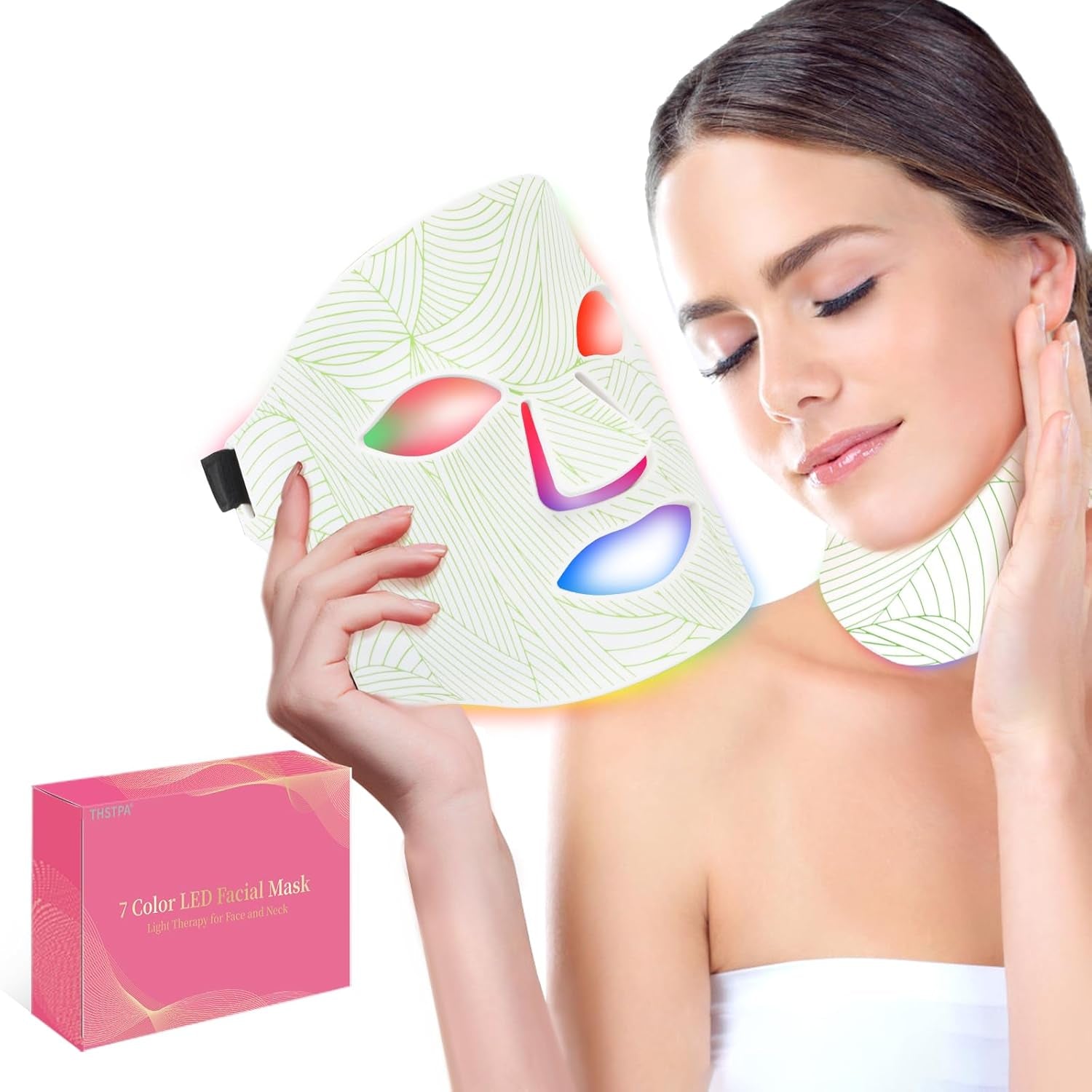 Led Face Mask Light Therapy,Red Light Therapy for Face and Neck,7 Colors LED Facial Skin Care Mask,5 Level Brightness Adjustment,309 LED Beads Can Be Used at Home,White Green