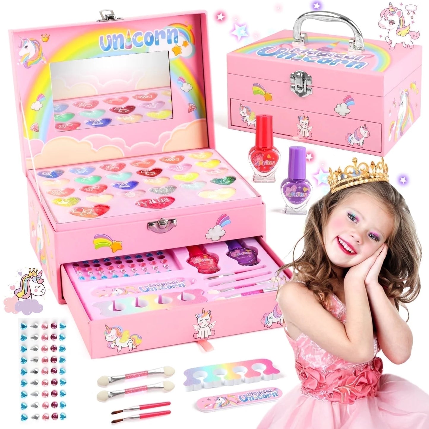Kids Makeup Kit for Girls,36Pcs Girls Unicorn Makeup Kit,Real Washable Pretend Play Cosmetic Set with Mirror,Little Girls Princess Make up Toys for 4 5 6 7 8 9 Year Old Girl Birthday Gift,Pink