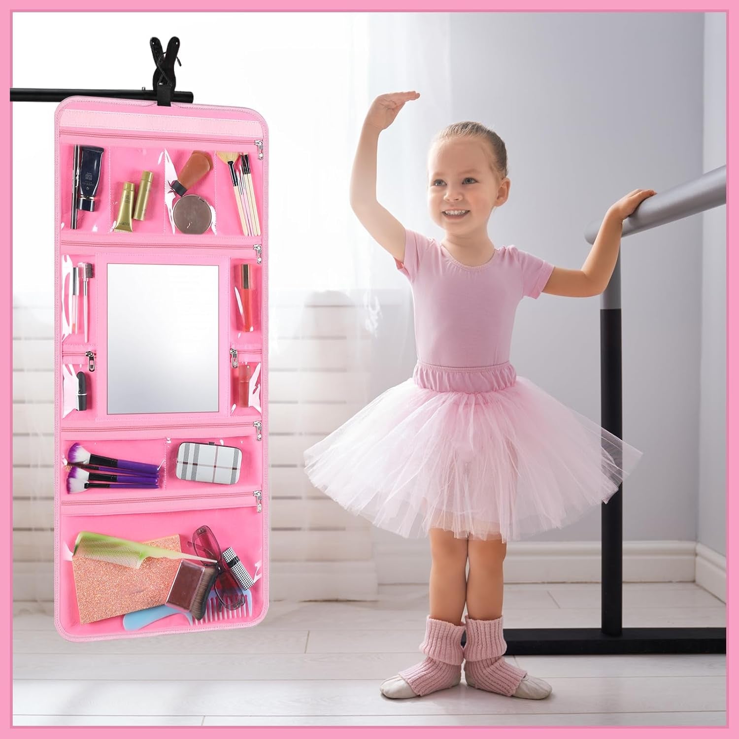 Hanging Toiletry Bag with Mirror for Men Women Travel Kit Large Foldable Beauty Dance Makeup Bag Organizer Storage Waterproof Roll up Cosmetic Case Accessories for Bathroom Shower(Pink)