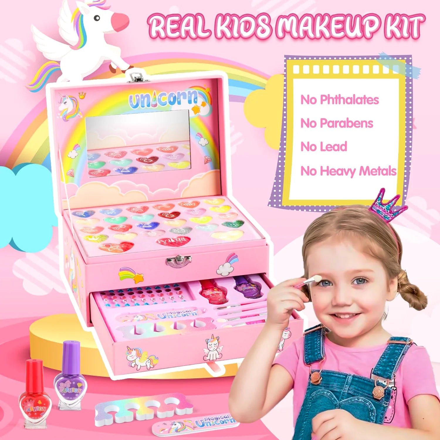 Kids Makeup Kit for Girls,36Pcs Girls Unicorn Makeup Kit,Real Washable Pretend Play Cosmetic Set with Mirror,Little Girls Princess Make up Toys for 4 5 6 7 8 9 Year Old Girl Birthday Gift,Pink