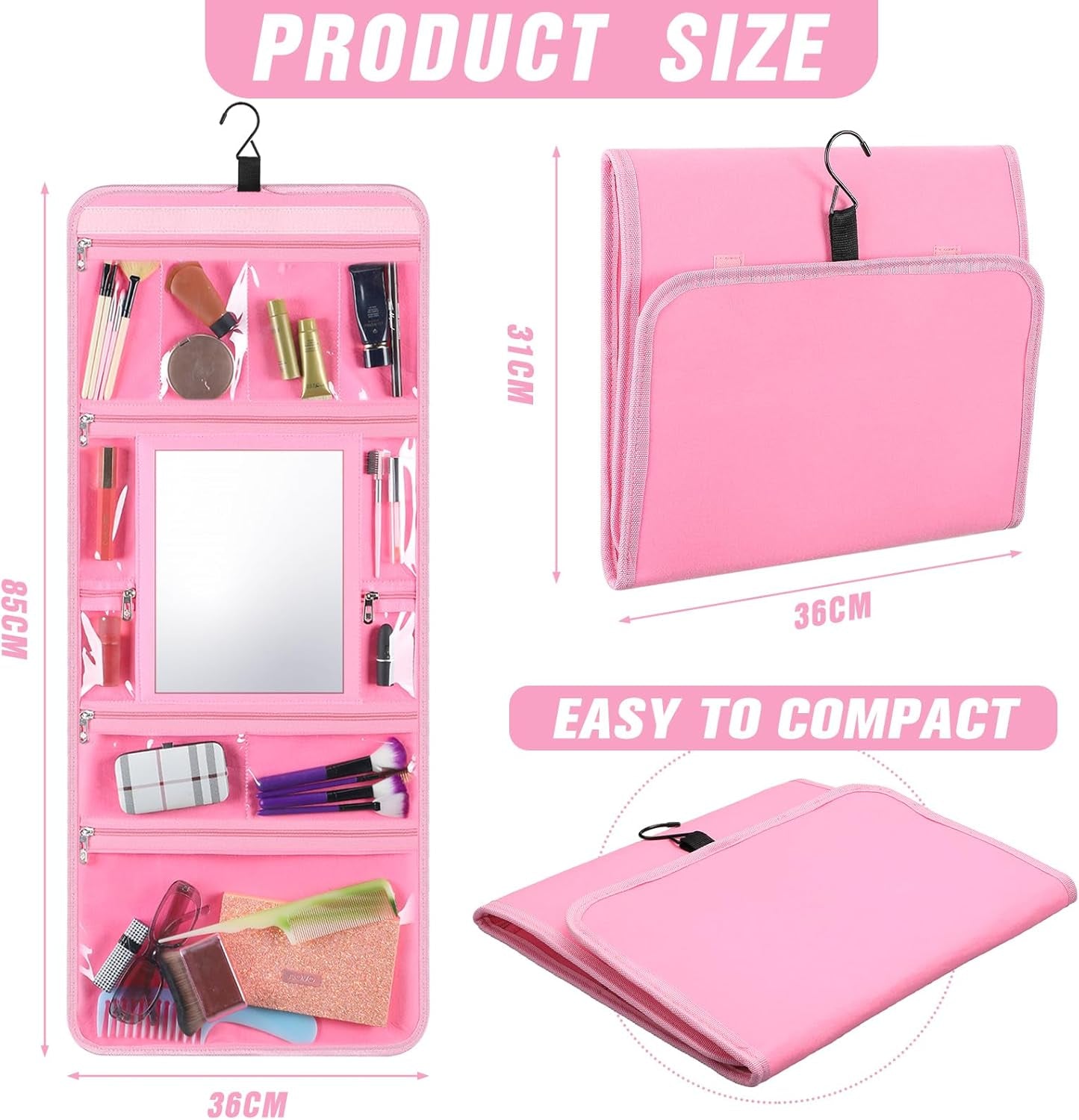 Hanging Toiletry Bag with Mirror for Men Women Travel Kit Large Foldable Beauty Dance Makeup Bag Organizer Storage Waterproof Roll up Cosmetic Case Accessories for Bathroom Shower(Pink)