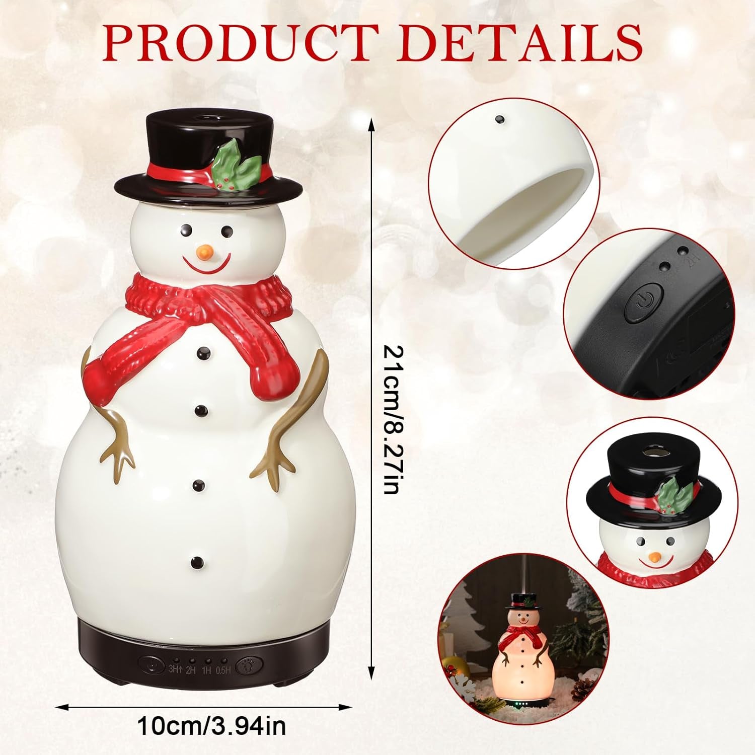 Christmas Essential Oil Diffuser Gifts Ceramic Snowman Diffuser 120Ml Holiday Diffuser for Essential Oil Cute Small Aromatherapy Humidifier Diffuser for Home Office Decorations