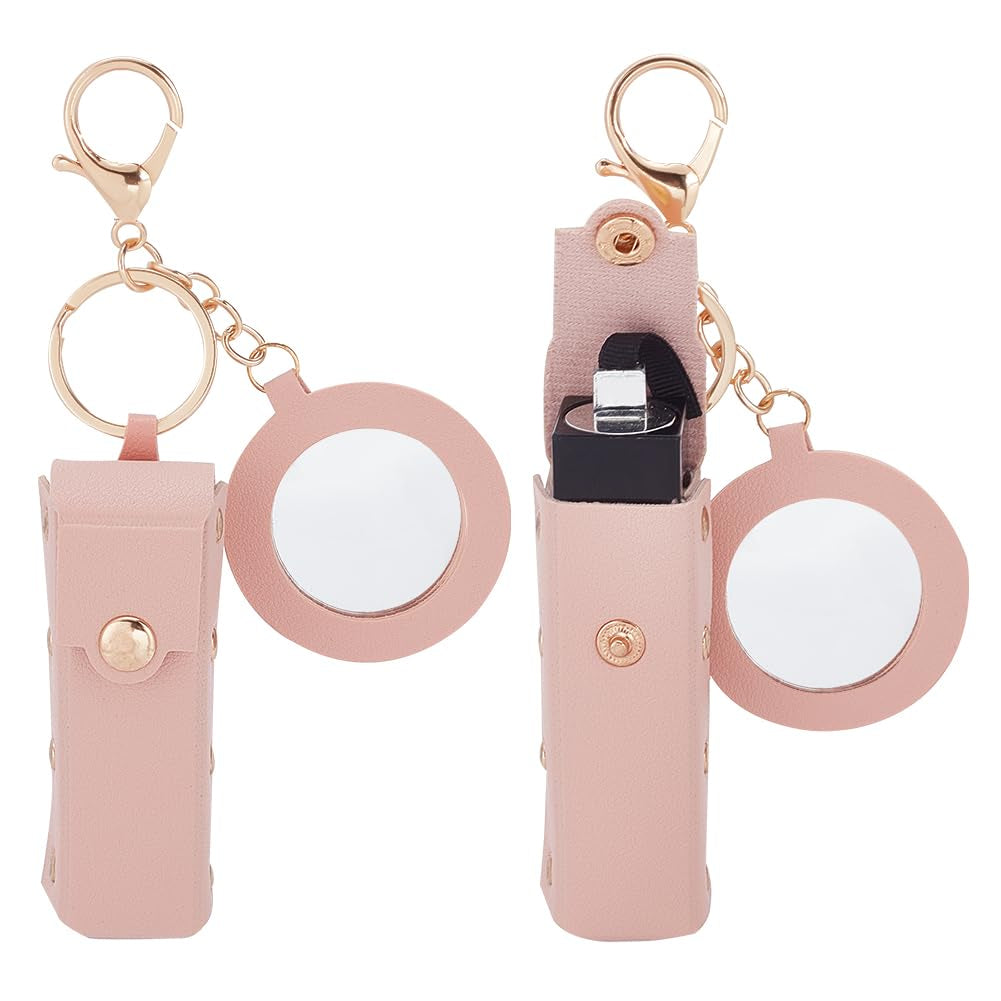 2Pcs PU Leather Lipstick Sleeves with round Mirror, Portable Lipstick Keychain Holder Snap-On Lip Balm Organizer Case Mini Travel Lipstick Cosmetics Holder for Women Ladies, Pink