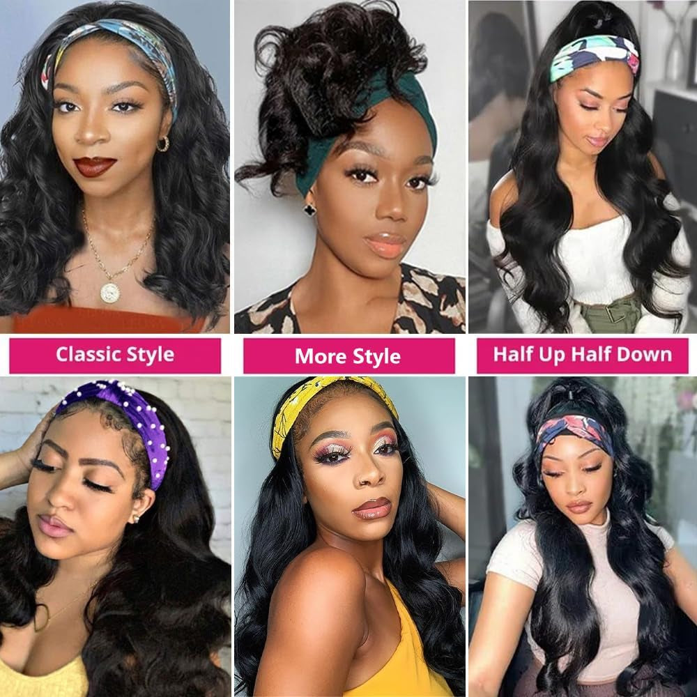 Headband Wig Human Hair Body Wave Headband Wigs for Black Women 20 Inch None Lace Front Wig Wear and Go Glueless Wigs Machine Made Brazilian Virgin Natural Color