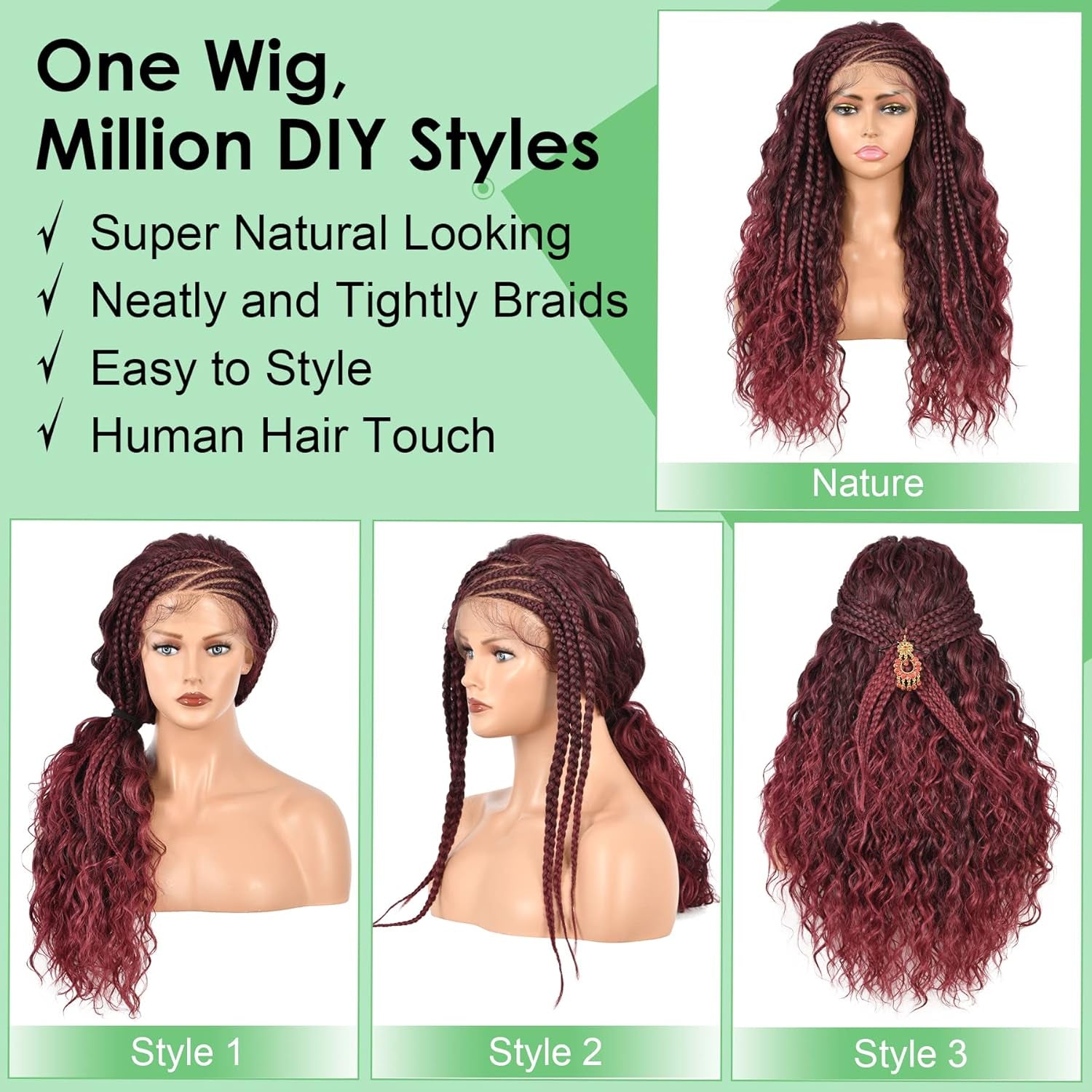 26" HD Lace Front Half Braided Wigs for Women, Burgundy, Synthetic