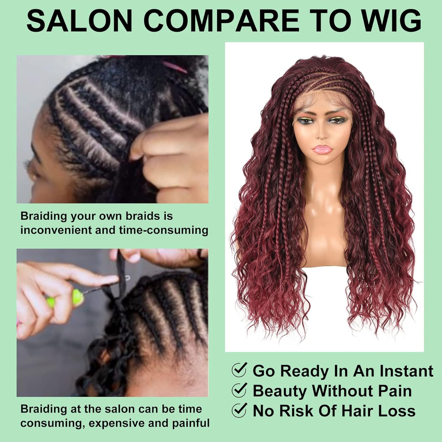 26" HD Lace Front Half Braided Wigs for Women, Burgundy, Synthetic