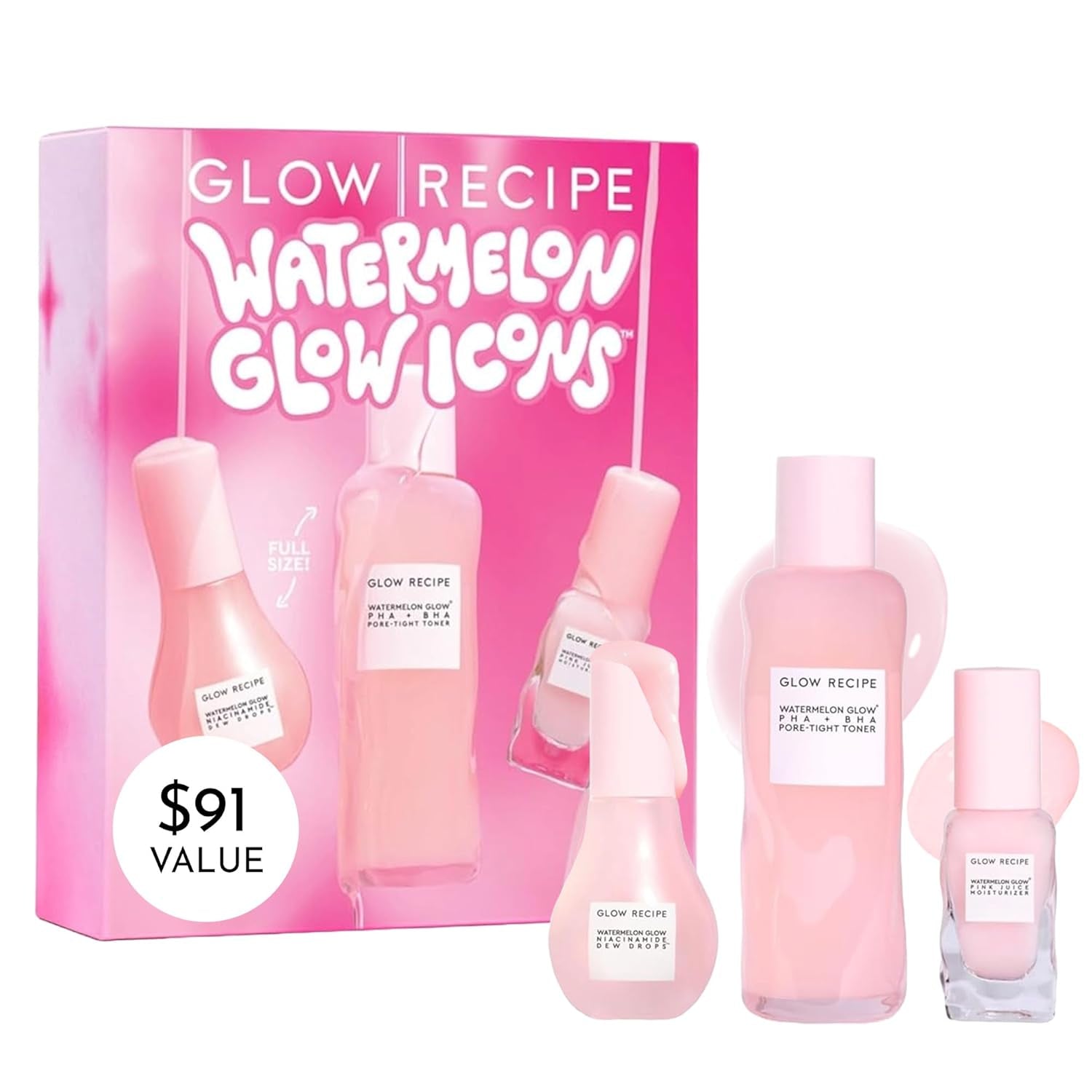 Watermelon Glow Icons Skin Care Gift Set - Niacinamide Dew Drops Face Serum (40Ml) + PHA + BHA Pore Minimizing Toner with Hyaluronic Acid (150Ml) + Pink Juice Facial Moisturizer (25Ml)