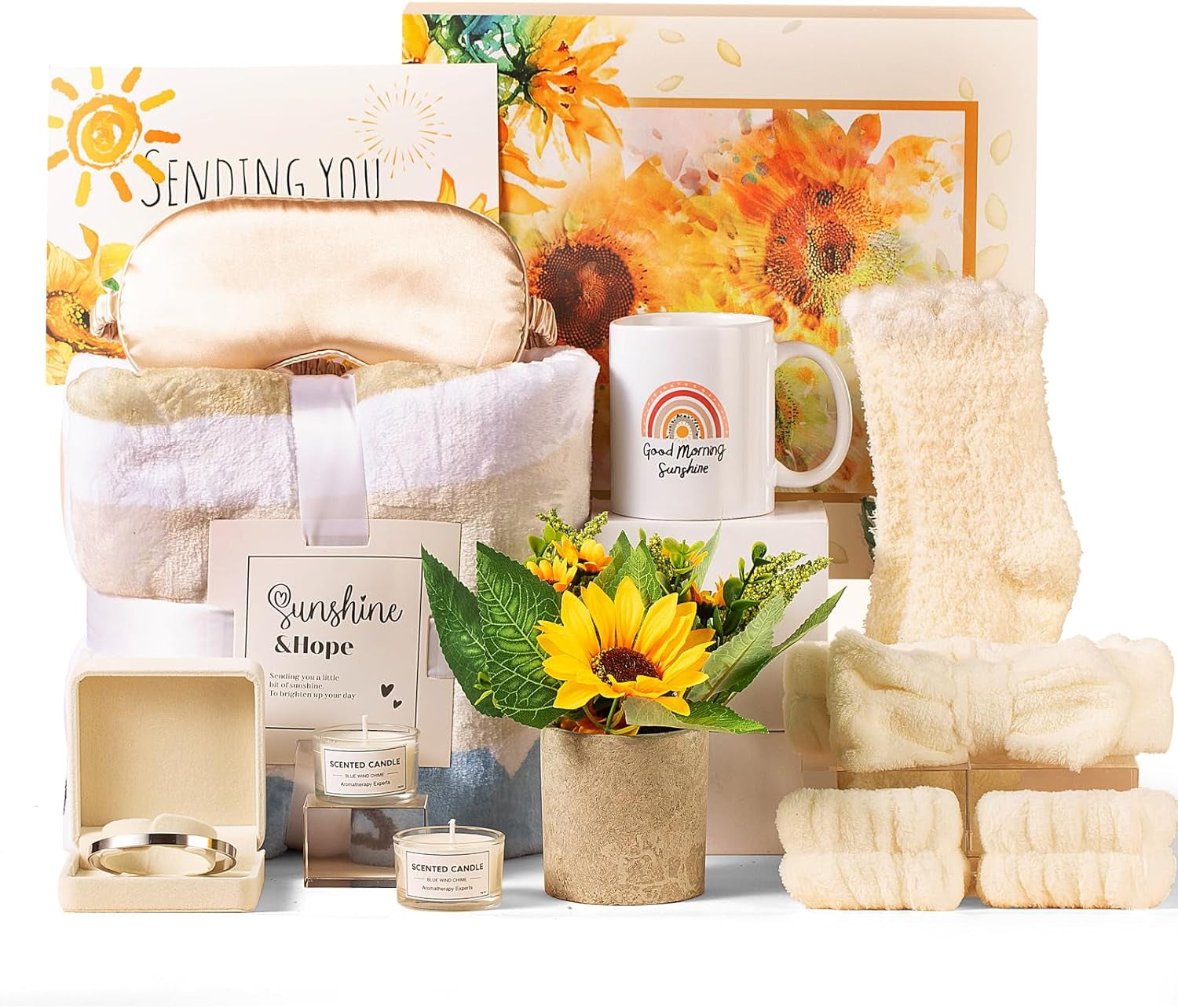 Sending Sunshine Gift, Get Well Soon Gifts Basket for Women, 10 Pcs Sunflower Gifts Care Pacakge Gifts Box Thinking of You Gift for Women with Inspirational Blanket Candle for Mom, Sister, Her