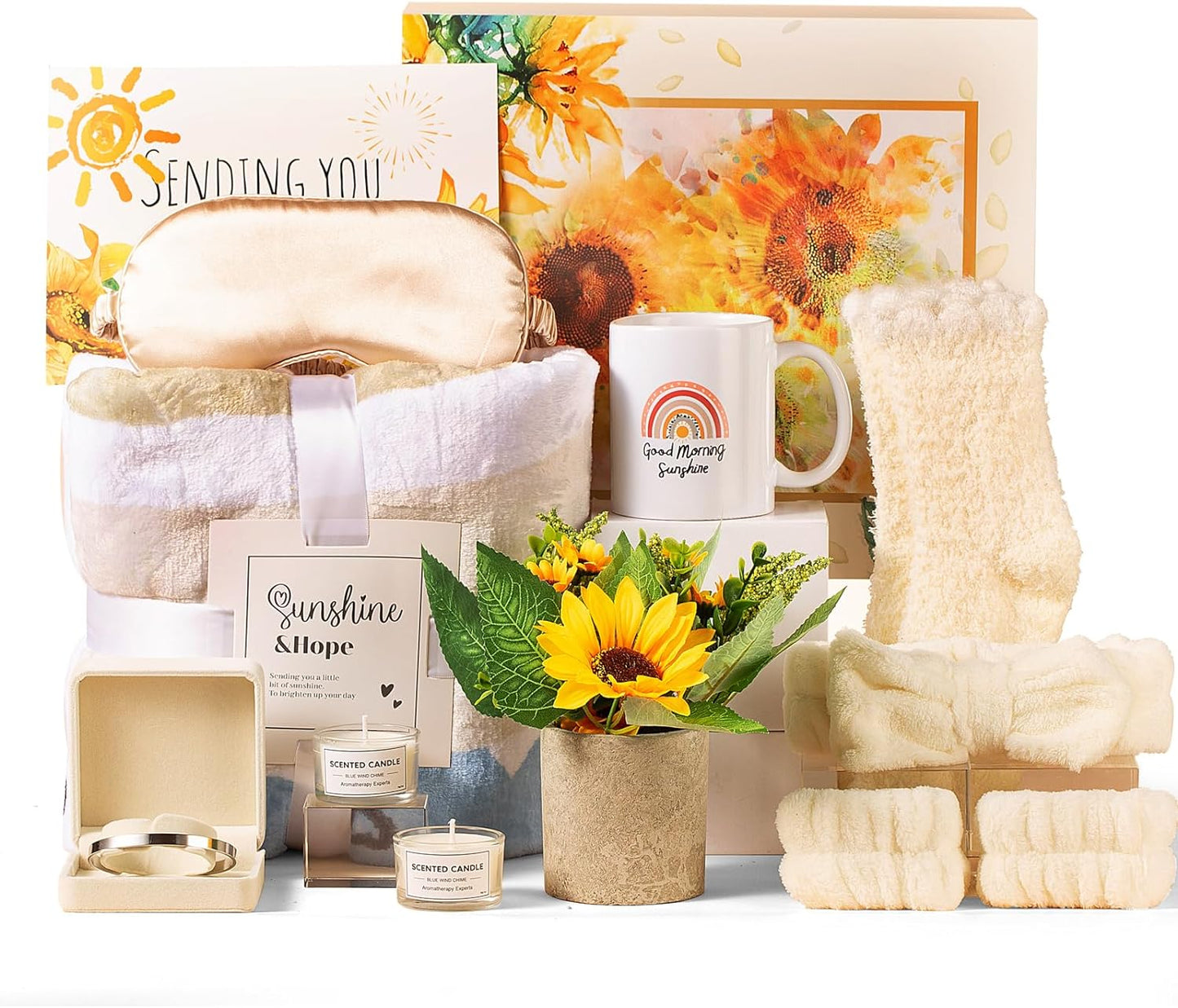 Sending Sunshine Gift, Get Well Soon Gifts Basket for Women, 10 Pcs Sunflower Gifts Care Pacakge Gifts Box Thinking of You Gift for Women with Inspirational Blanket Candle for Mom, Sister, Her
