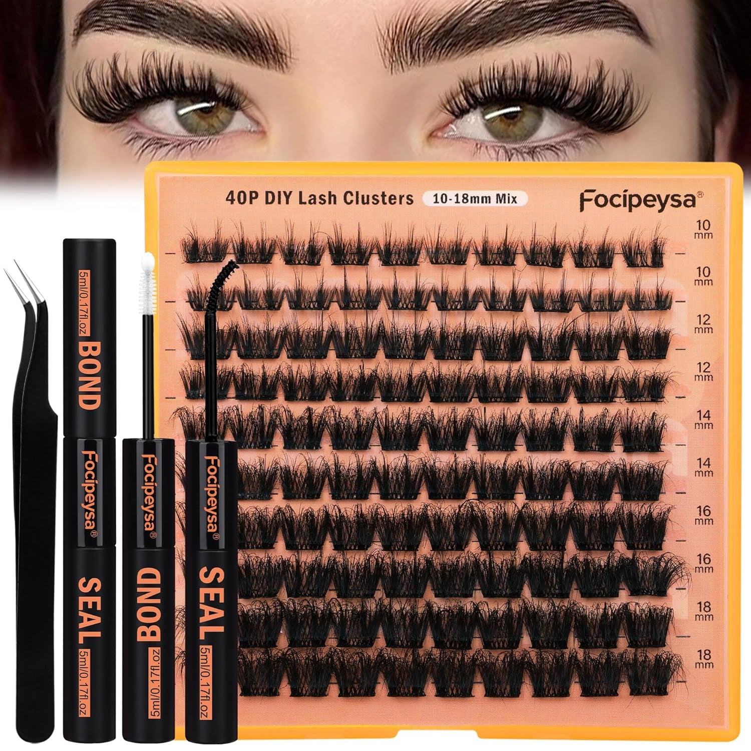 Thick Lash Extension Kit Full Volume Lash Clusters 40P Eyelash Extension Kit DIY Lash Extension Kit with Black Bond and Seal Glue, Lash Applicator DIY at Home for Beginner (40P 10-18MM)