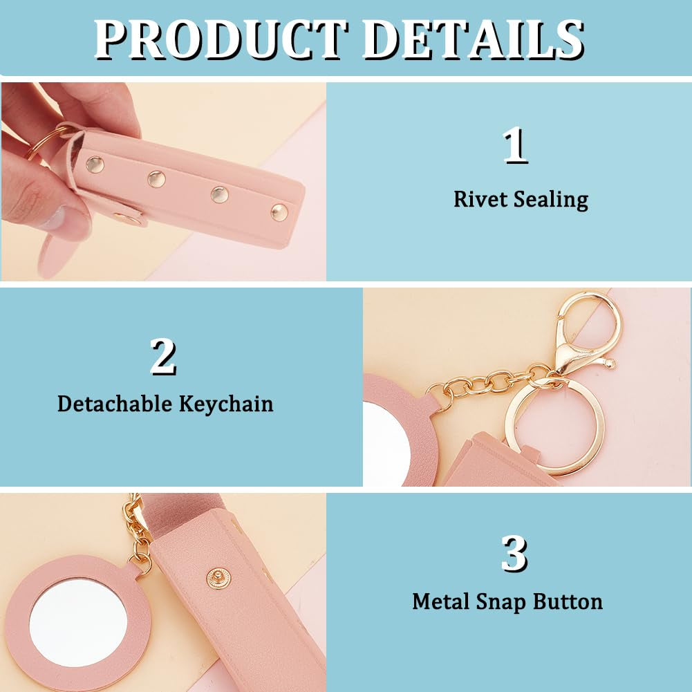 2Pcs PU Leather Lipstick Sleeves with round Mirror, Portable Lipstick Keychain Holder Snap-On Lip Balm Organizer Case Mini Travel Lipstick Cosmetics Holder for Women Ladies, Pink