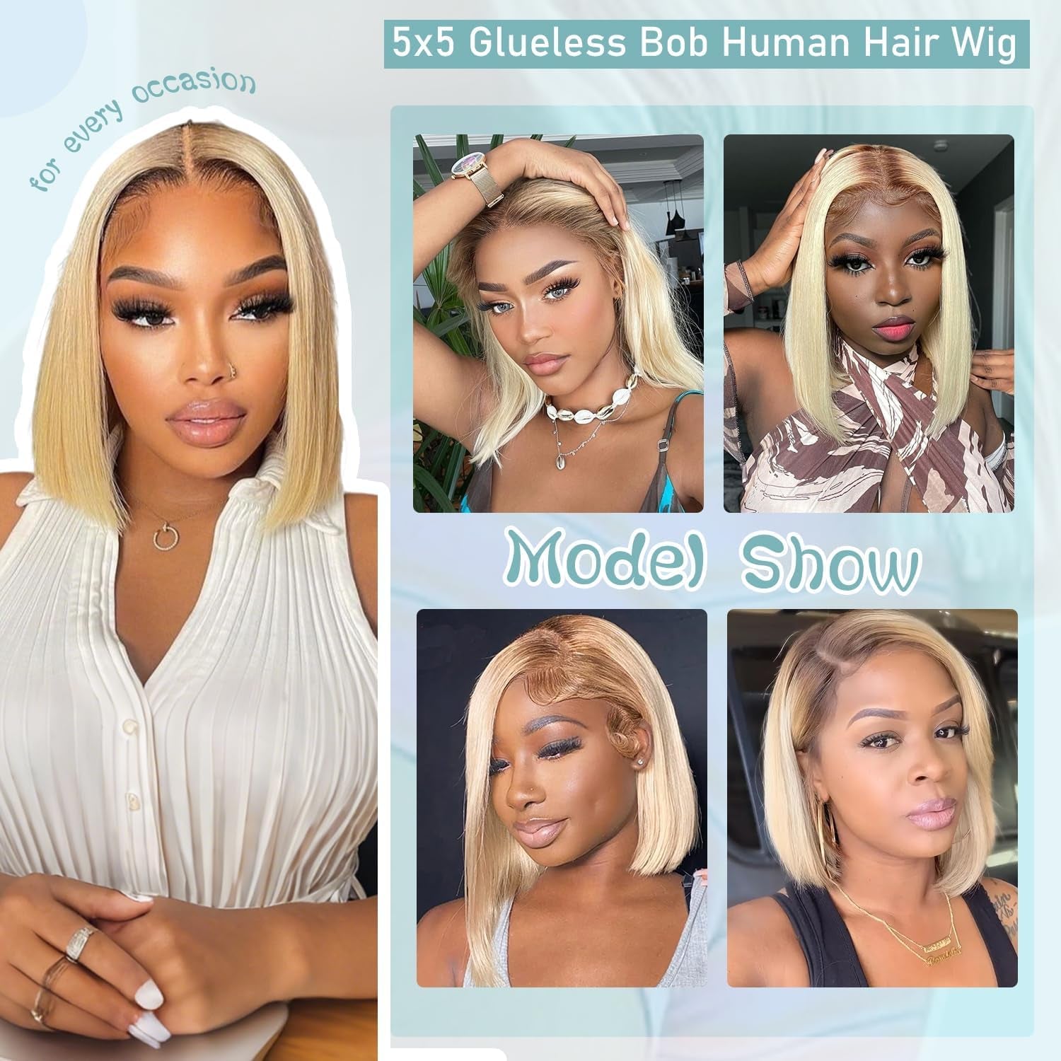 200% Density Wear and Go Blonde Wig Human Hair 2.0-613 Upgraded Roots Color Natural Blonde Bob Wig for Women 5X5 UHD Pre-Cut Lace Wigs No Mix Fiber Brazilian Virgin Hair 10 Inch