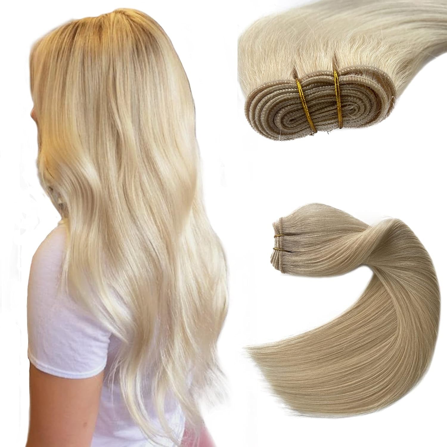 Sew in Real Human Hair Extensions, Blonde Weft 100G 20 Inch Hand Tied Weft Hair Extensions for Women
