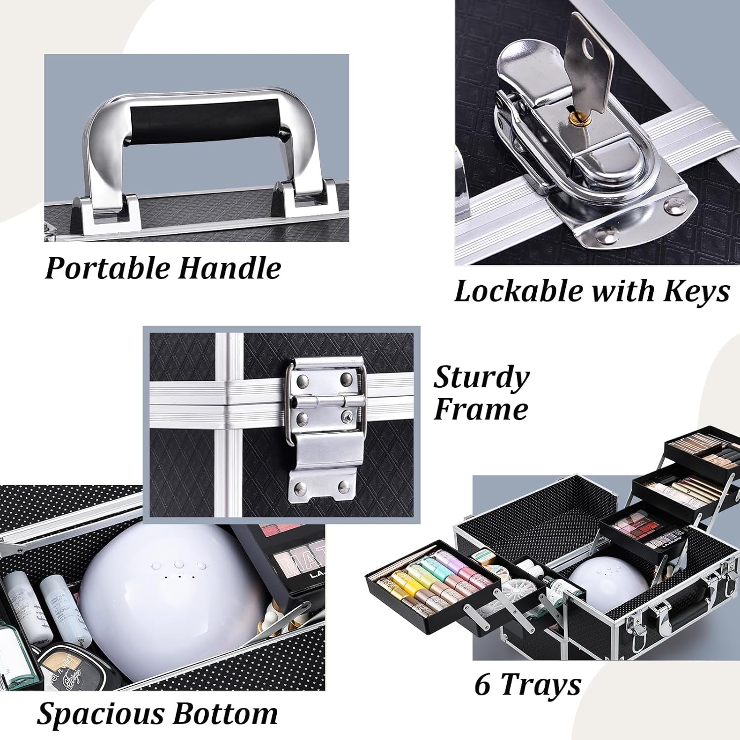 Makeup Train Case Makeup Case 11.8 Inch Large Cosmetic Box Organizer Travel Storage Professional Make up Train Carrying Case with 6 Trays Locking Hard Vanity Storage Black